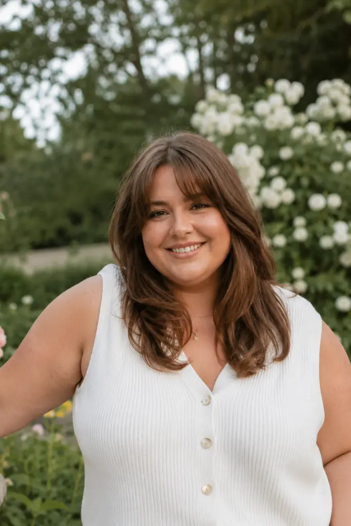 Plus size woman with curtain bangs and medium layered chestnut brown hair standing in a floral garden, wearing a casual chic white top and jeans