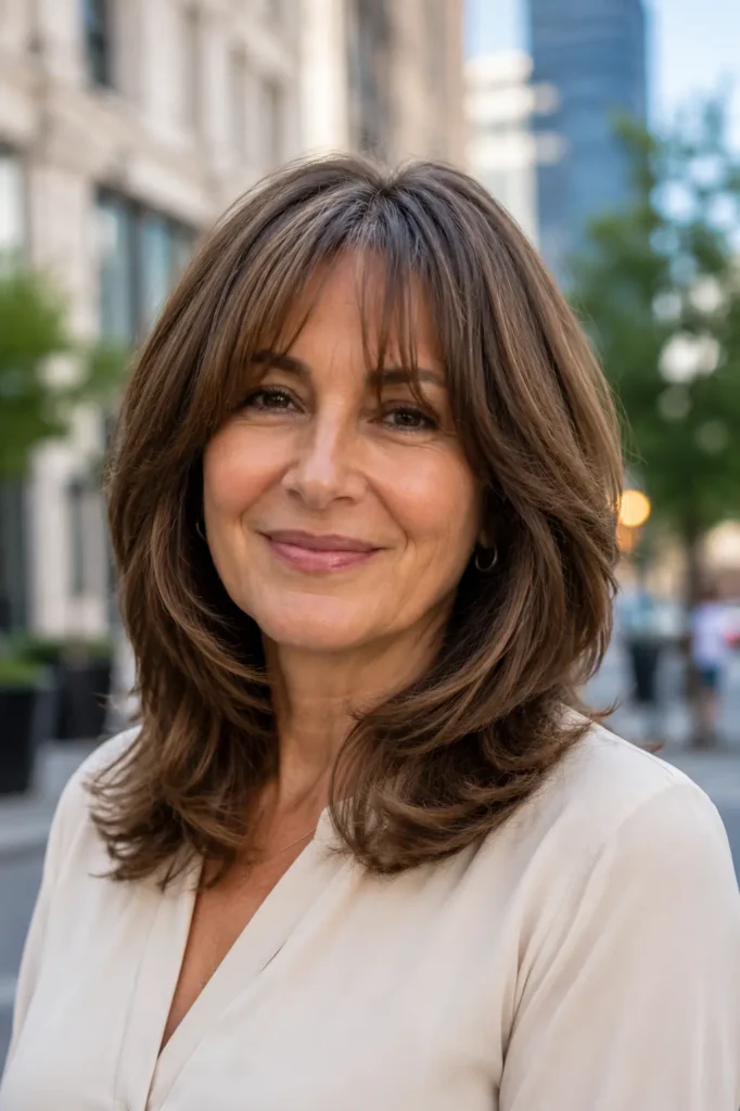 woman aged 40–55 with a shoulder-length layered haircut and soft curtain bangs, smiling in an outdoor city setting. Her face-framing layers add volume and movement, while natural daylight highlights the texture of the hairstyle