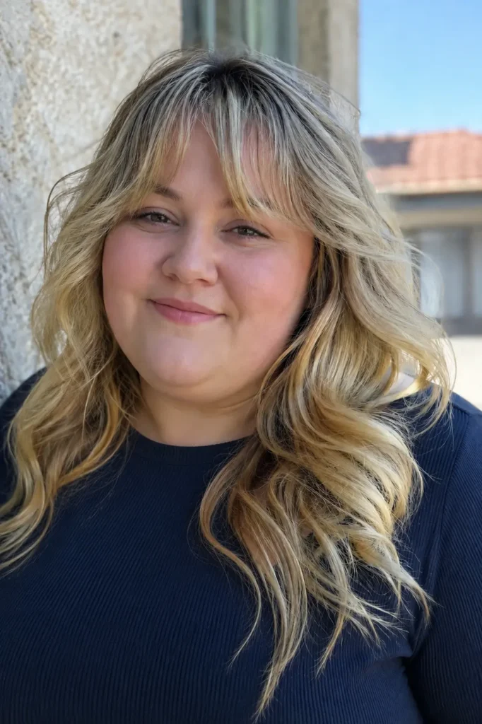 a plus-size English woman with medium-length soft wavy beige blonde hair and curtain bangs, wearing a modest navy blue long-sleeve top.