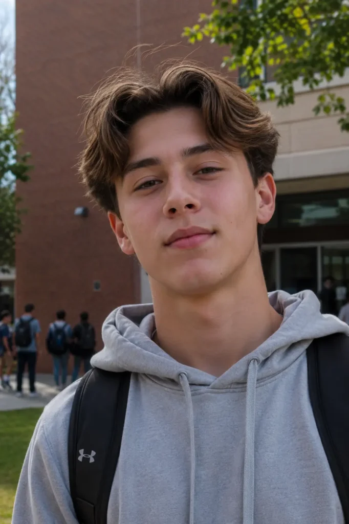 Teen boy with a curtain haircut featuring a middle part and soft layered hair, wearing a gray hoodie on a school campus outdoors.