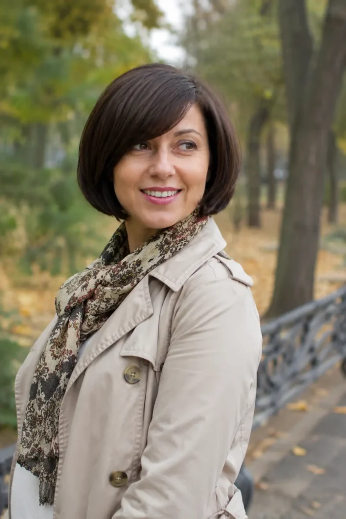 woman aged 30–55 with a curved bob haircut and side-swept fringe, smooth dark brown hair, and natural skin texture, wearing an elegant casual outfit in an outdoor park setting