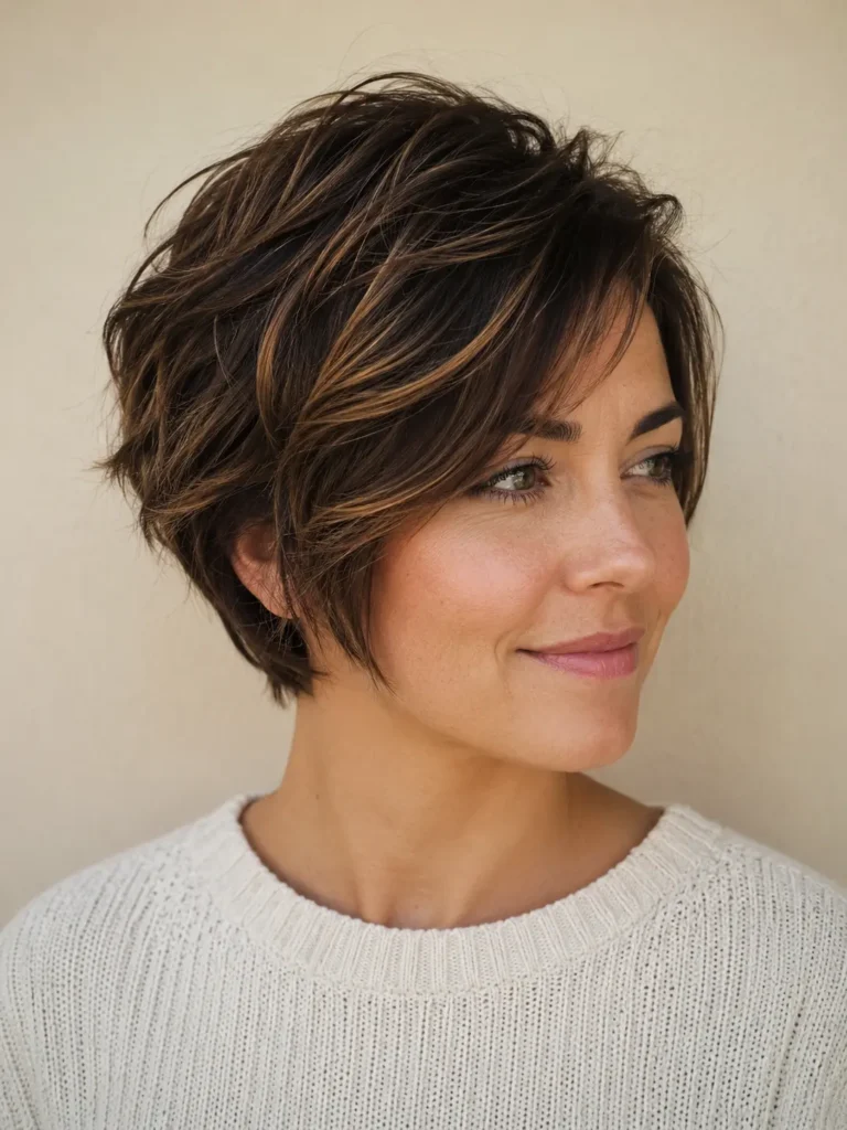 woman aged 28 with a textured dark brunette bixie cut featuring seamless dark caramel balayage, feathered layers, soft volume, and glossy healthy hair, photographed in bright natural daylight against a cream background wearing an ivory sweater.