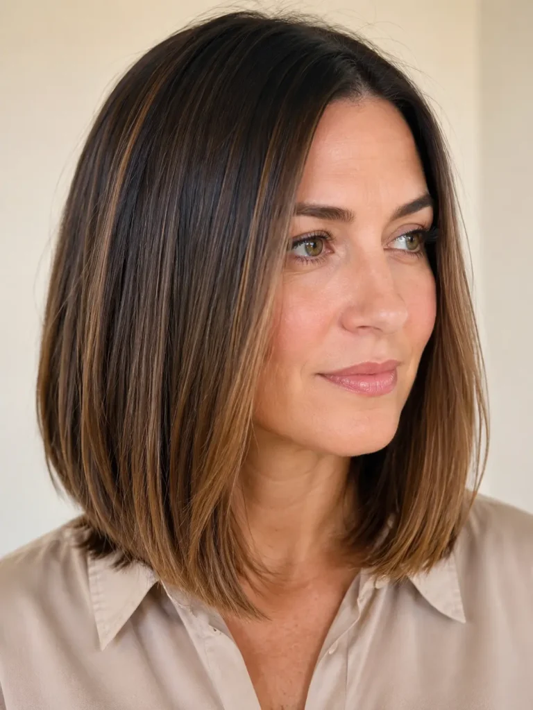an English woman with a sleek shoulder-length blunt cut, dark brunette hair with seamless dark caramel balayage, glossy shine, and a smooth silky finish against a neutral cream background.