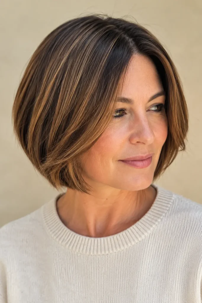 a  woman with a sleek chin-length dark caramel balayage bob featuring subtle layers, rich brunette and caramel tones, and a soft ivory sweater against a beige background.
