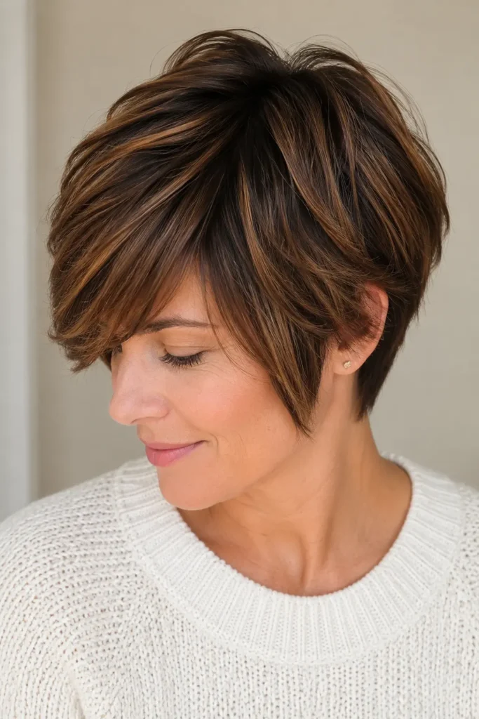an English woman with a textured layered pixie haircut in dark brunette with seamless dark caramel balayage, featuring glossy highlights, soft crown volume, and silky healthy hair, wearing an ivory knit sweater against a cream background in bright natural daylight.