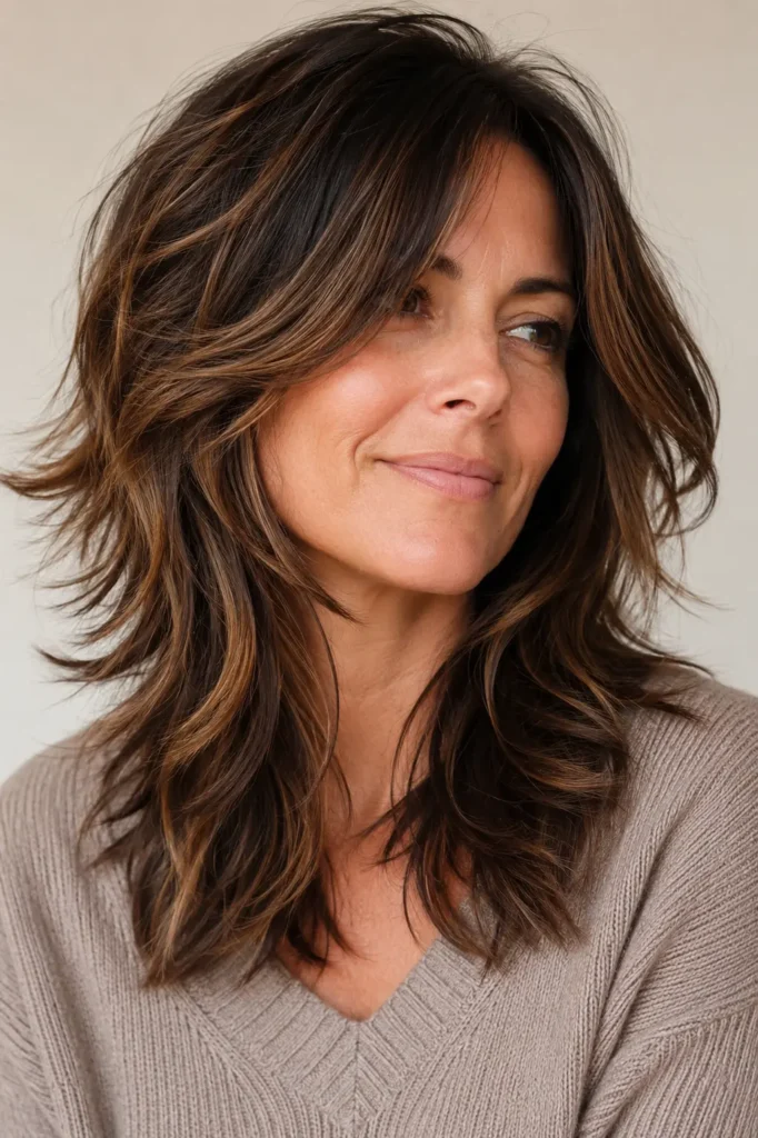A woman with a modern dark brunette shag haircut featuring textured choppy layers, feathered ends, and dark caramel balayage highlights.