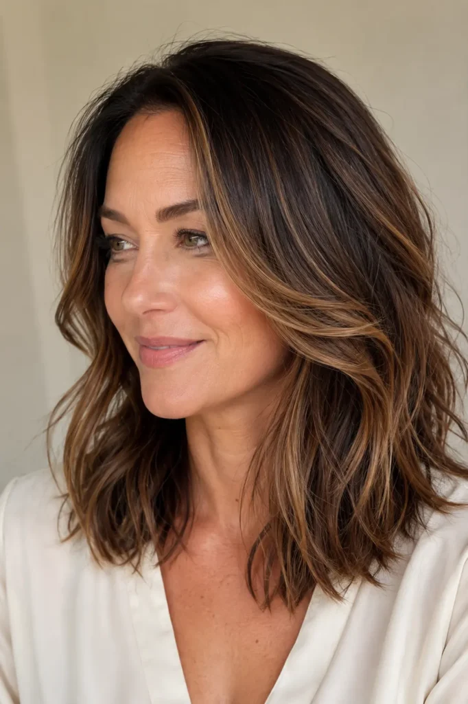 woman with shoulder-length layered dark brunette hair featuring seamless dark caramel balayage, glossy caramel ribbons, and silky shine, photographed in bright natural light against a cream background.