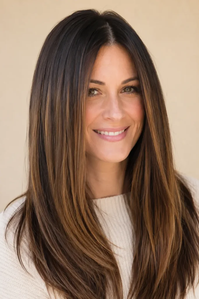 English woman with sleek straight dark brunette hair and dark caramel balayage, featuring glossy shine and silky texture in a natural daylight portrait