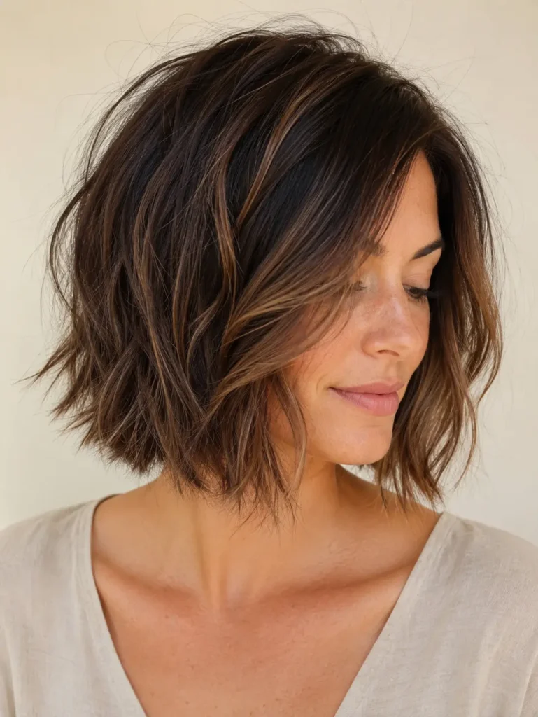 woman with a textured chin-length dark brunette bob featuring seamless dark caramel balayage, soft choppy layers, glossy shine, and natural movement against a cream background in bright daylight.