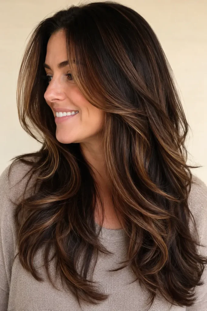 an English woman with long feathered dark brunette layers and rich dark caramel balayage, featuring glossy dimensional highlights, silky healthy hair, and a light taupe sweater against a soft beige background in natural daylight.