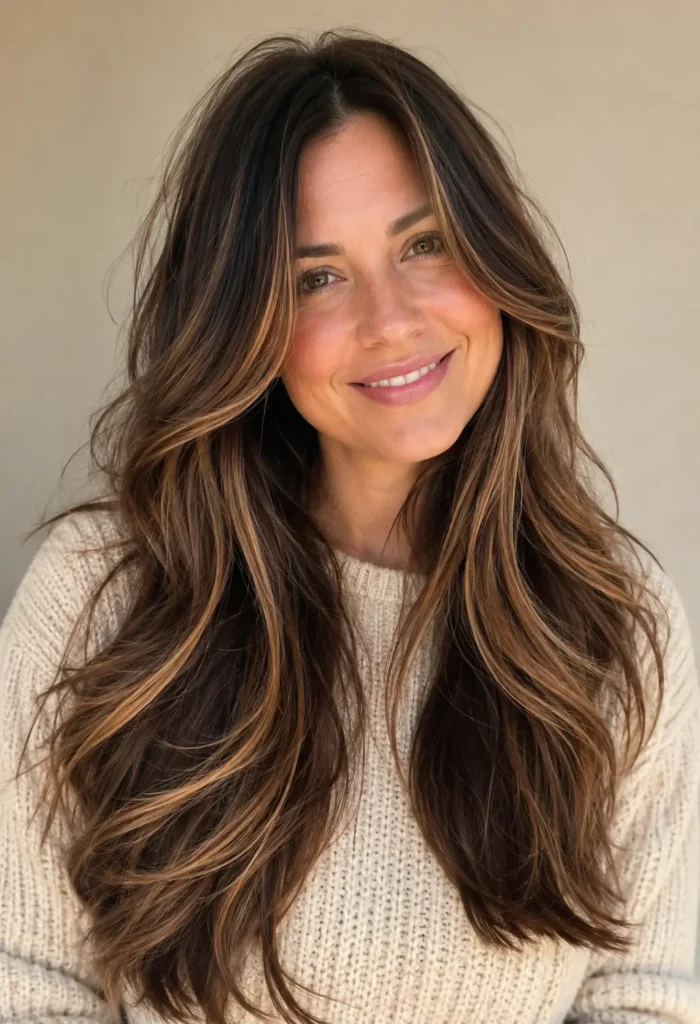 English woman with long layered dark brown hair featuring seamless dark caramel balayage and soft face-framing layers in natural daylight