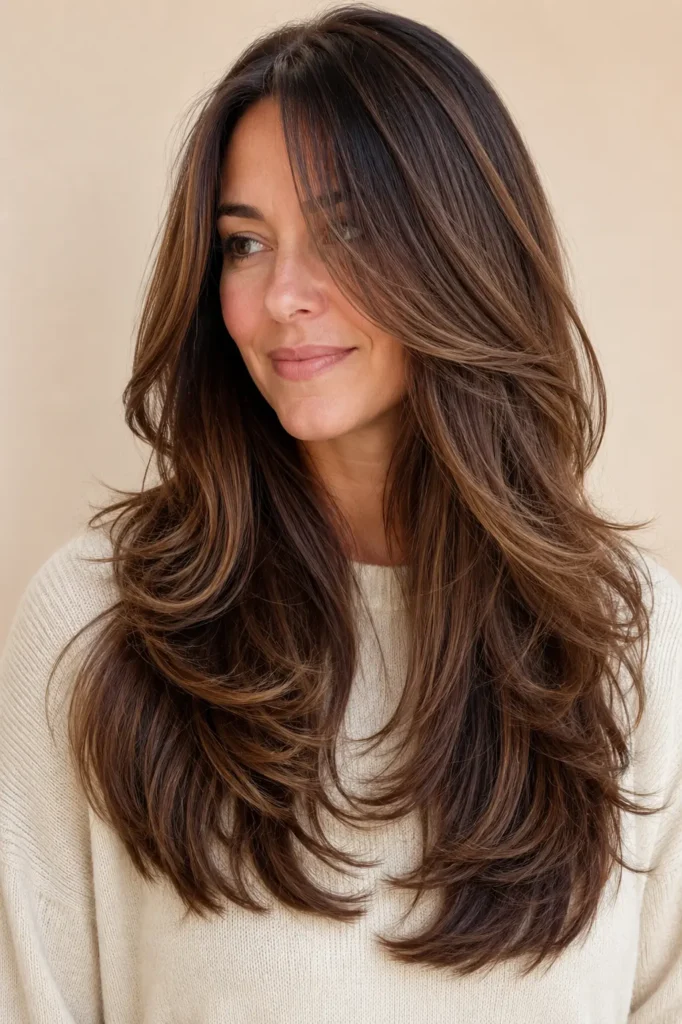 a woman with a long dark brunette butterfly haircut featuring layered dark caramel balayage in bright natural light.
