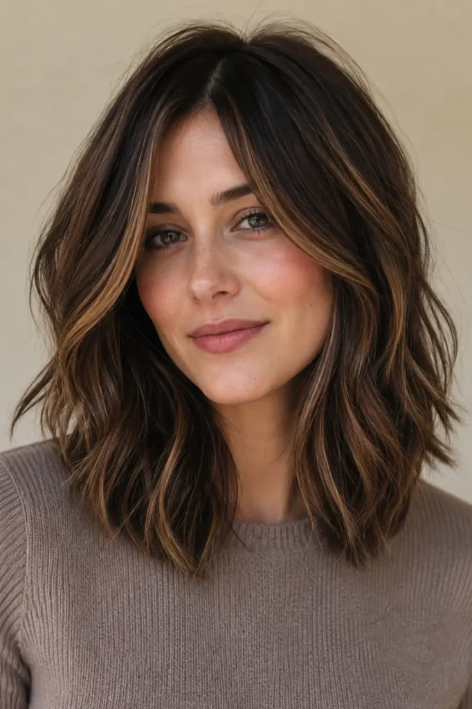 woman with a collarbone-length layered midi haircut in dark brunette with seamless dark caramel balayage, featuring glossy caramel ribbons, silky texture, and soft movement against a neutral cream background.