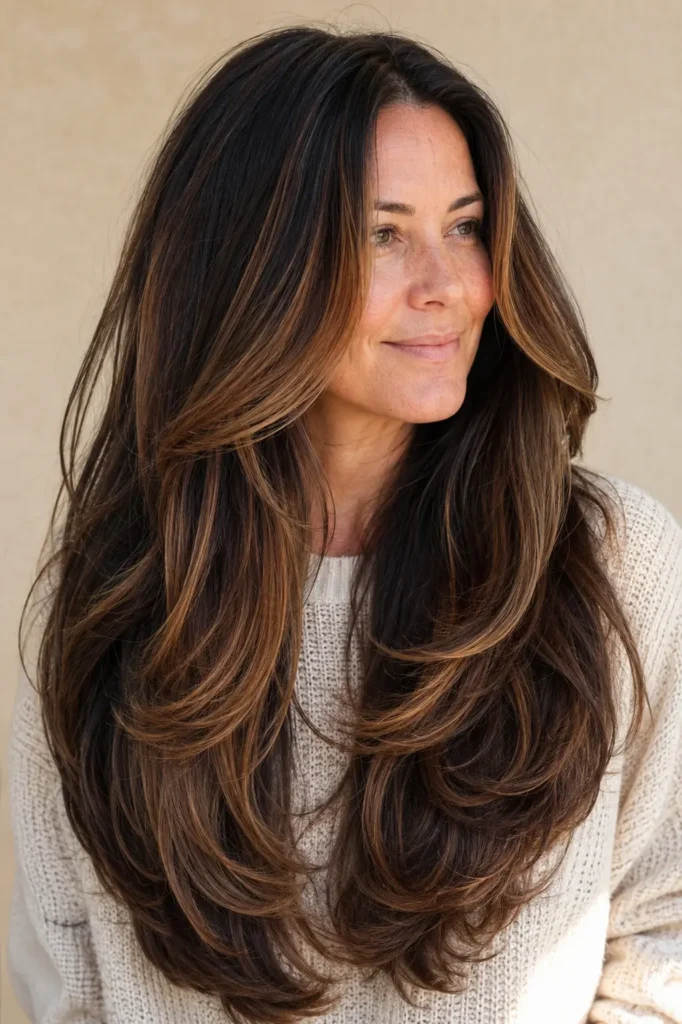 A woman with a long layered U-cut in dark brunette hair featuring seamless dark caramel balayage, glossy flowing layers, and a cream knit sweater against a soft beige background.
