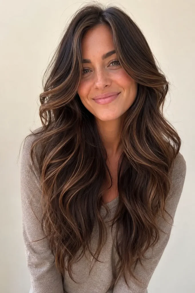 English woman aged 28 with long V-cut dark brunette hair featuring seamless dark caramel balayage, flowing layers, glossy shine, and silky texture, wearing a light taupe sweater against a neutral cream background in natural daylight.