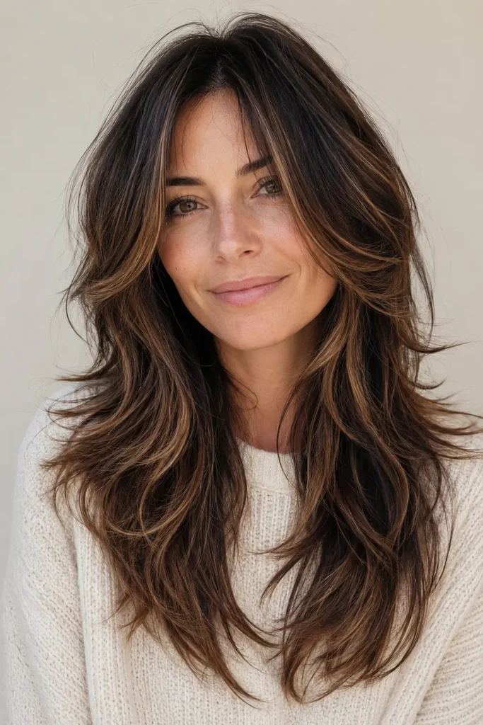 A woman with a soft wolf cut, layered dark brunette hair, and seamless dark caramel balayage, featuring feathered layers, glossy shine, and natural movement against a soft cream background.