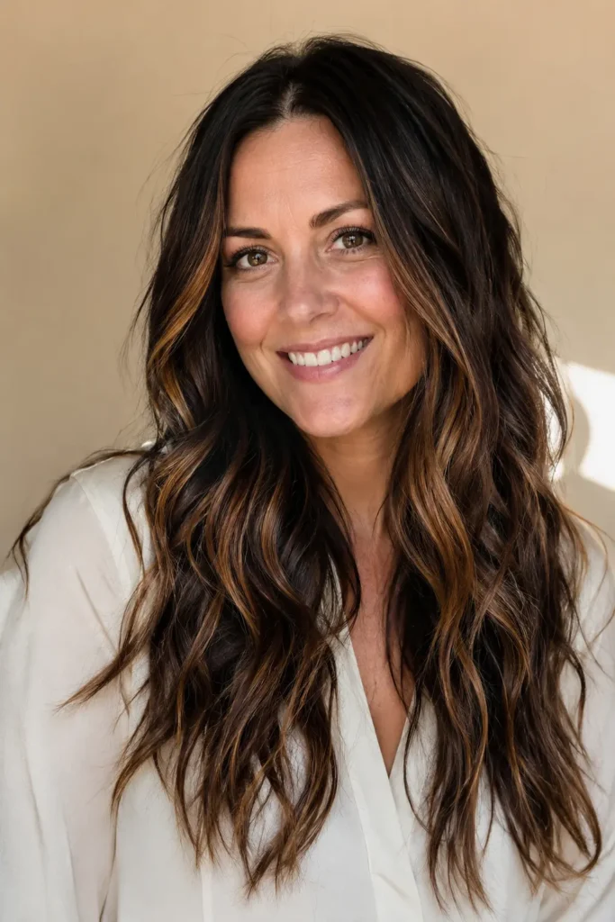 A woman with long dark brunette beach waves featuring rich dark caramel balayage, glossy highlights, and silky shine, photographed in natural daylight against a beige background wearing a cream blouse.