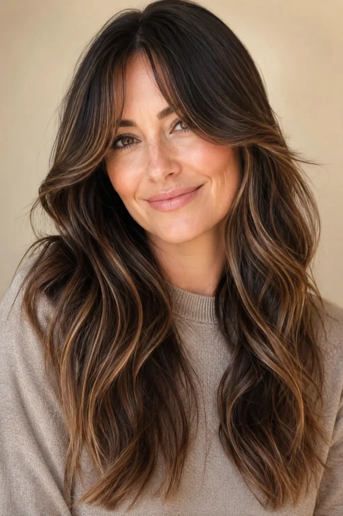 A English woman with long layered dark brunette hair featuring dark caramel balayage and soft curtain bangs, photographed in natural daylight against a beige background.