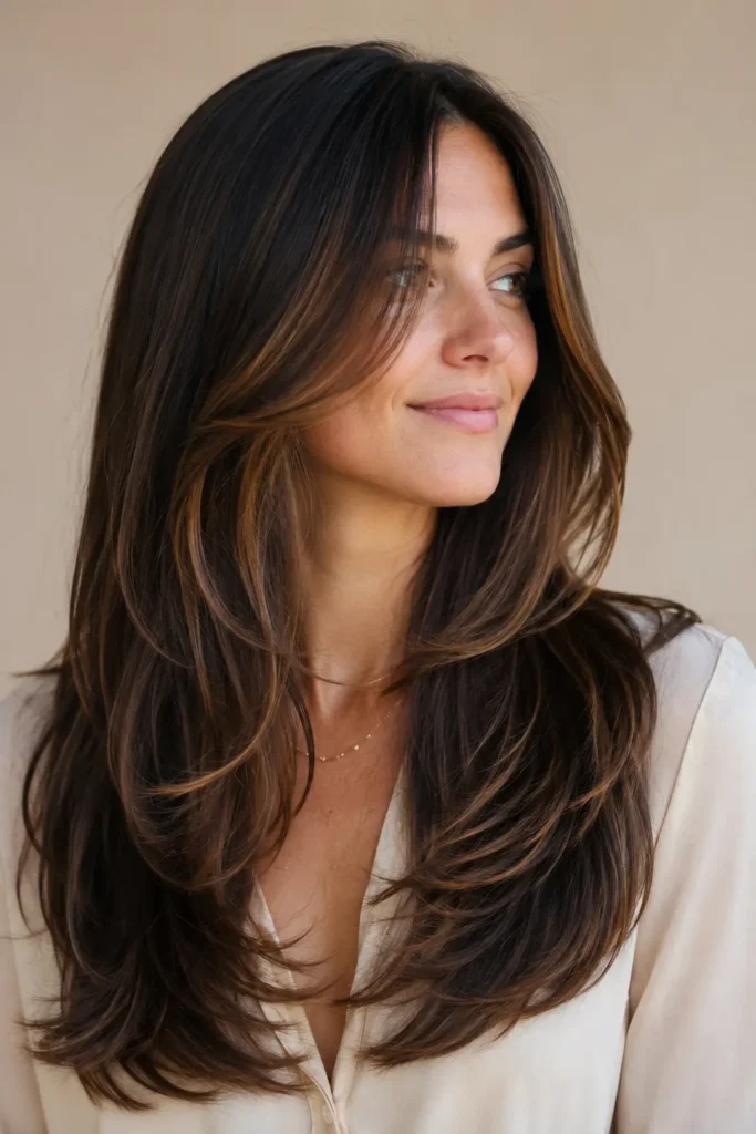 **Alt text:** Real English woman with long layered dark brunette hair featuring face-framing layers and dark caramel balayage, photographed in bright natural daylight against a beige background.
