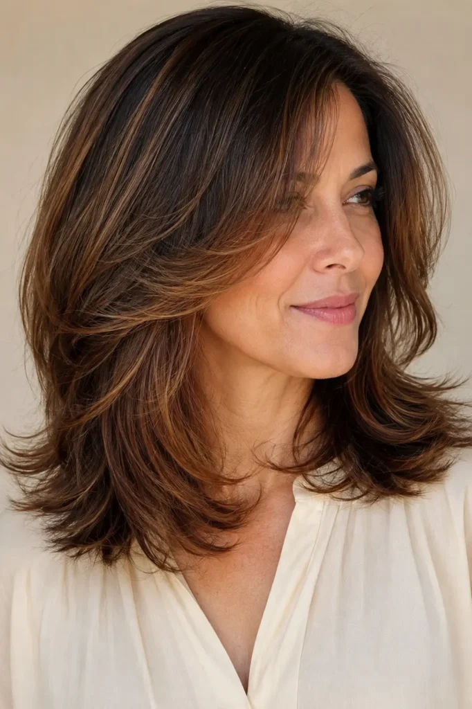 an English woman with medium-length feathered dark brunette layers and rich dark caramel balayage, featuring silky shine, soft movement, and dimensional highlights against a beige background.