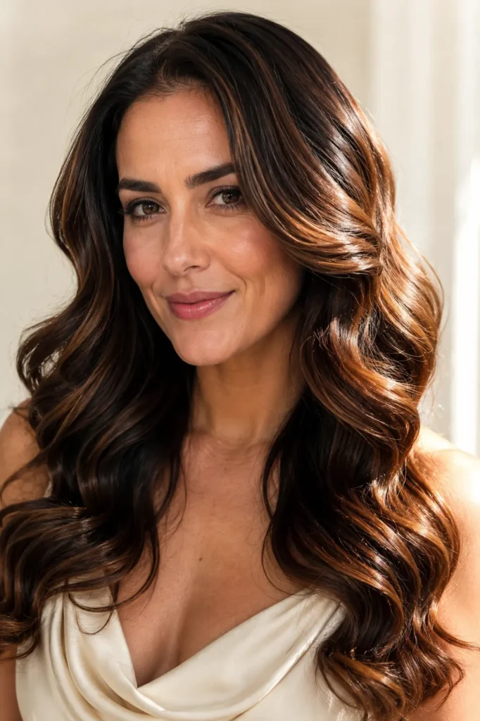 an English woman with long dark brunette Hollywood waves featuring seamless dark caramel balayage, glossy dimensional shine, and soft cream background in bright natural daylight.