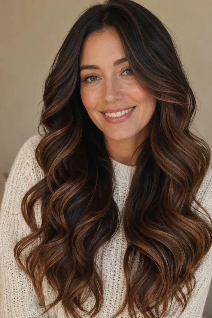 A woman with long dark brunette loose curls and seamless dark caramel balayage, featuring glossy highlights, healthy shine, and soft movement, wearing an ivory knit sweater against a beige background.