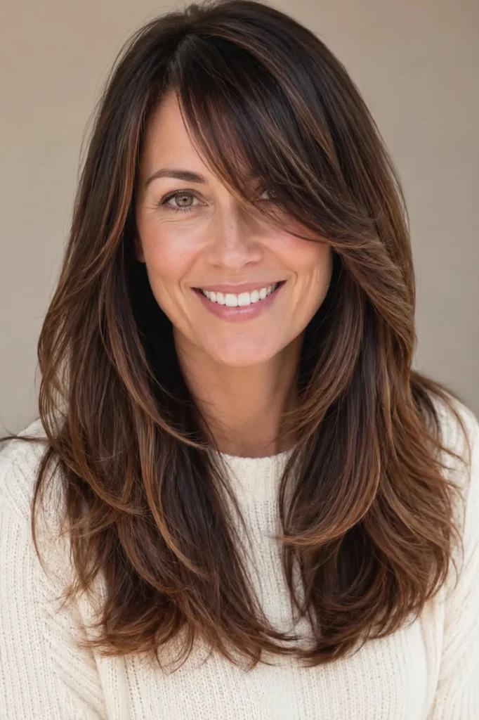 an English woman with long layered dark brunette hair, side-swept bangs, and rich dark caramel balayage, featuring glossy highlights, silky shine, and soft movement against a beige background.