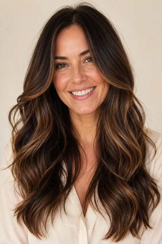 an English woman with long dark brunette hair styled in soft face-framing waves and seamless dark caramel balayage, featuring glossy highlights, silky texture, and natural shine against a soft cream background.