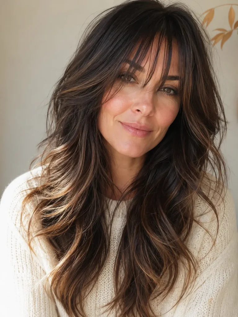 woman with long layered dark brunette hair, wispy bangs, and rich dark caramel balayage, featuring glossy caramel ribbons, silky shine, and soft movement, wearing an ivory sweater against a cream background in bright natural daylight.