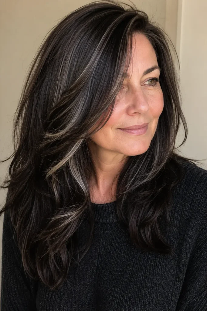 English woman aged around 45–60 with long dark chocolate brown hair featuring subtle peekaboo silver highlights. Her glossy, layered hair is the main focus, illuminated by bright natural daylight to showcase healthy shine and dimensional texture