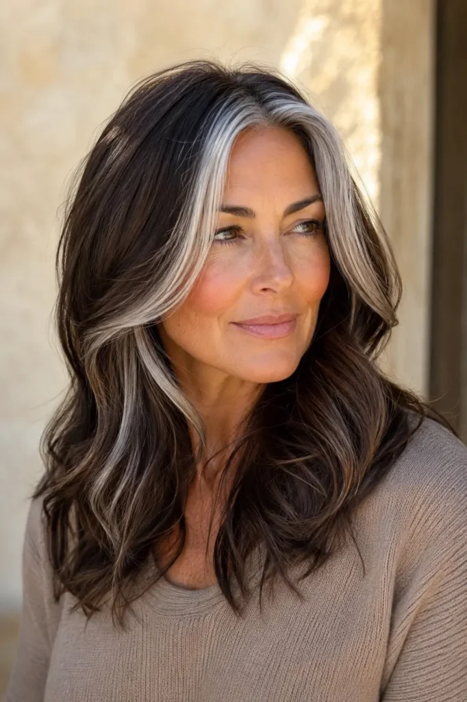 **Alt text:** Real English woman with dark mocha brown hair and bold silver money-piece highlights, styled in glossy soft waves, wearing a modest taupe sweater against a soft beige background.
