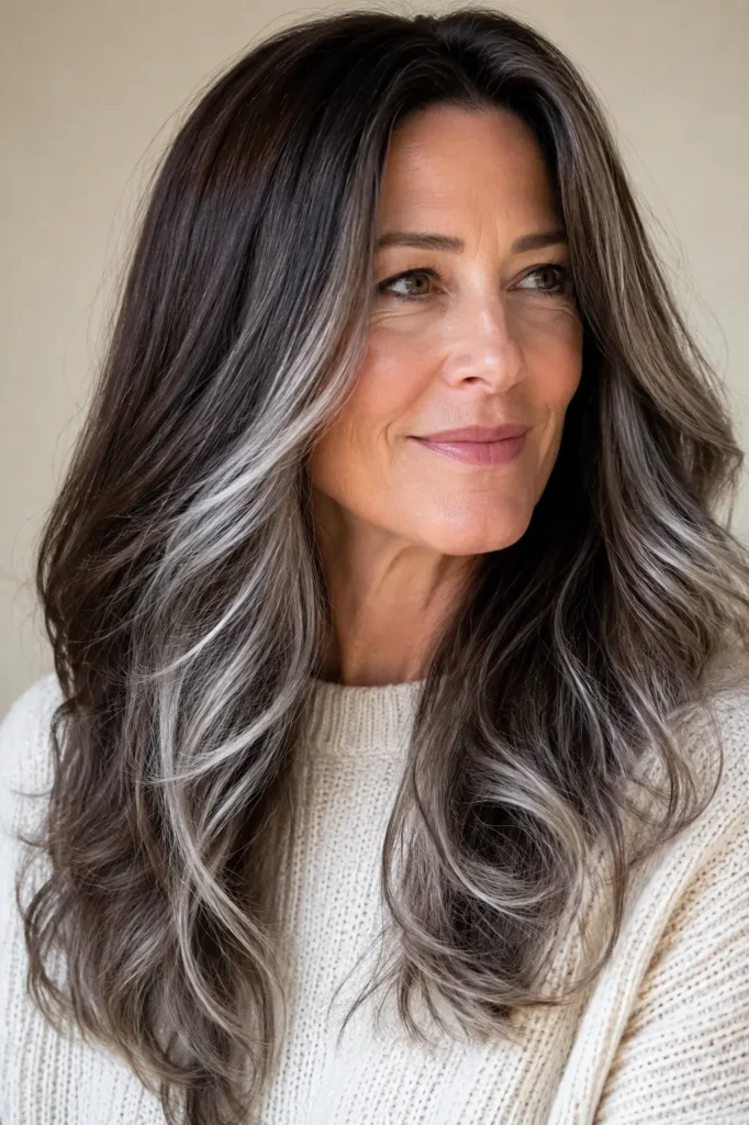 English woman aged 45–60 with deep brunette hair blending into elegant silver ombré highlights, featuring glossy, dimensional waves in bright natural daylight, wearing an ivory sweater against a soft cream background