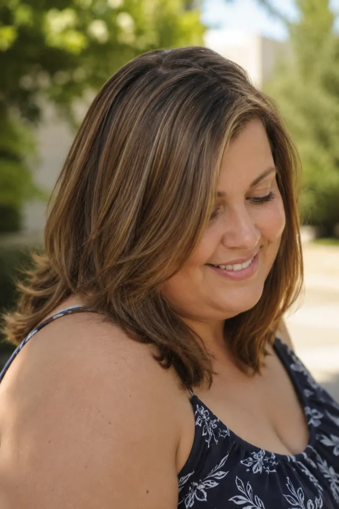 English plus-size woman with a medium-length layered hairstyle featuring a deep side part and natural light brown hair with subtle highlights