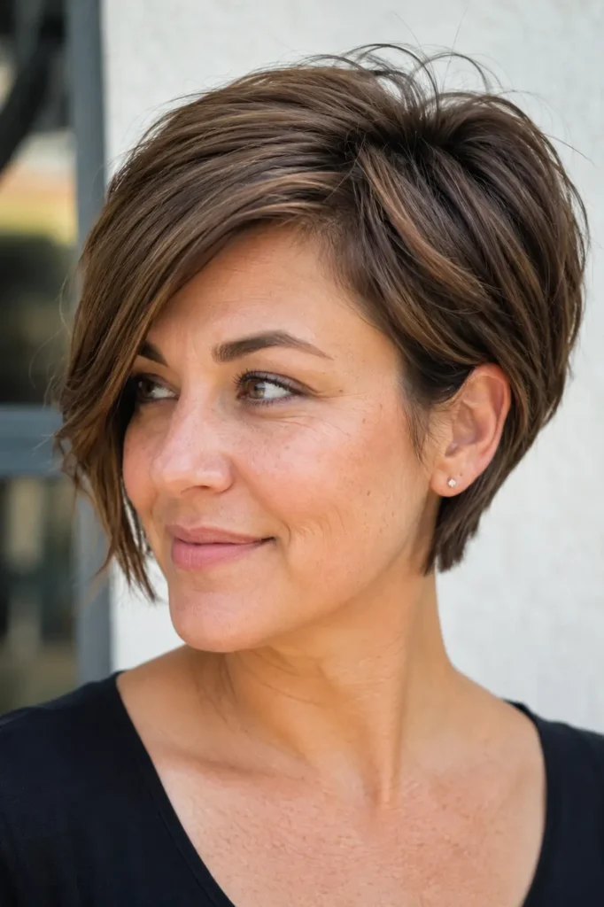 **Alt text:**
Real English woman with a round face wearing a deep side-part pixie bob haircut with a voluminous crown and textured layers, photographed in bright natural daylight with realistic skin texture and glossy, healthy hair. The close-up DSLR portrait highlights the chic short hairstyle and natural beauty.

