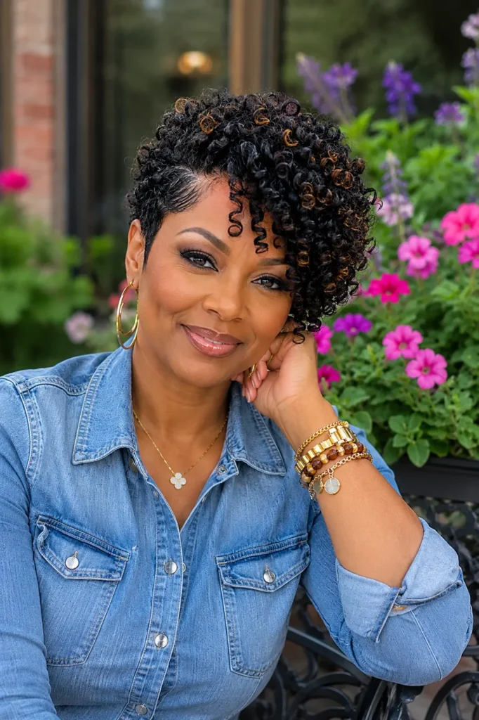 Black woman aged 30–50 with a defined coil haircut featuring healthy, tightly coiled natural texture. She wears an elegant casual denim outfit and gold accessories while seated outdoors in a vibrant floral garden