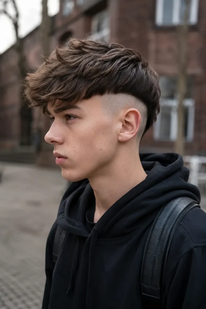 teenage boy with a disconnected undercut haircut, featuring long textured hair on top and sharply shaved sides, wearing a black hoodie outdoors