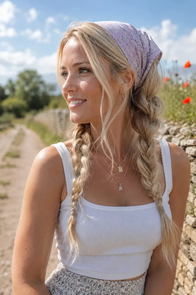 **Alt text:**
Real English woman with light blonde double braids and a pastel bandana, standing in a sunny countryside setting. Natural daylight highlights the detailed braid texture and realistic features, creating a casual Pinterest-inspired summer hairstyle portrait.
