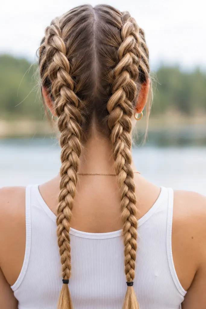 Back view of a real young woman with long light blonde hair styled in neat Double Dutch braids, photographed outdoors in soft natural daylight