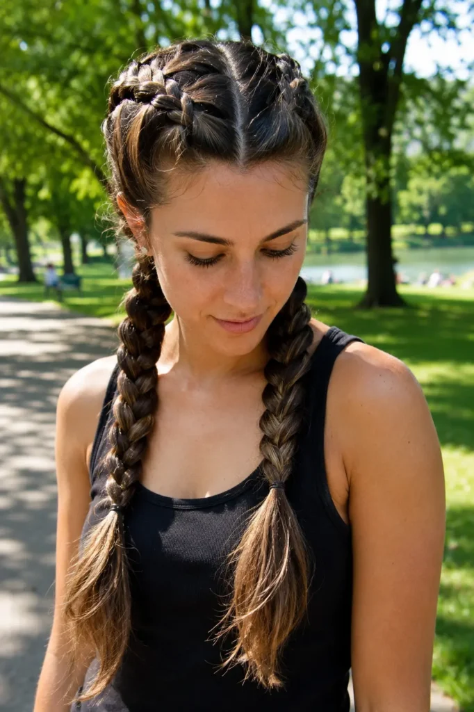 Real brunette woman wearing double Dutch braids in a bright summer park, photographed in a vertical portrait. The detailed braided hairstyle dominates the frame, with natural hair texture and realistic skin visible in soft daylight