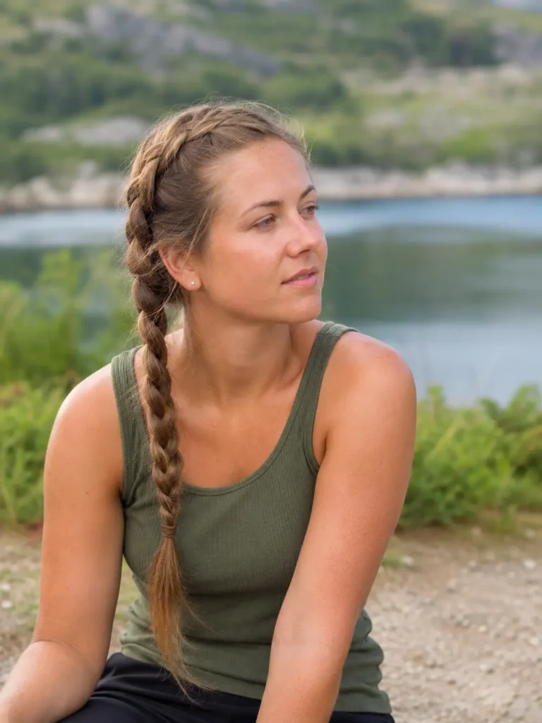 real woman aged 20–35 with a single Dutch braid and dark blonde hair, standing outdoors by a lake in soft daylight.