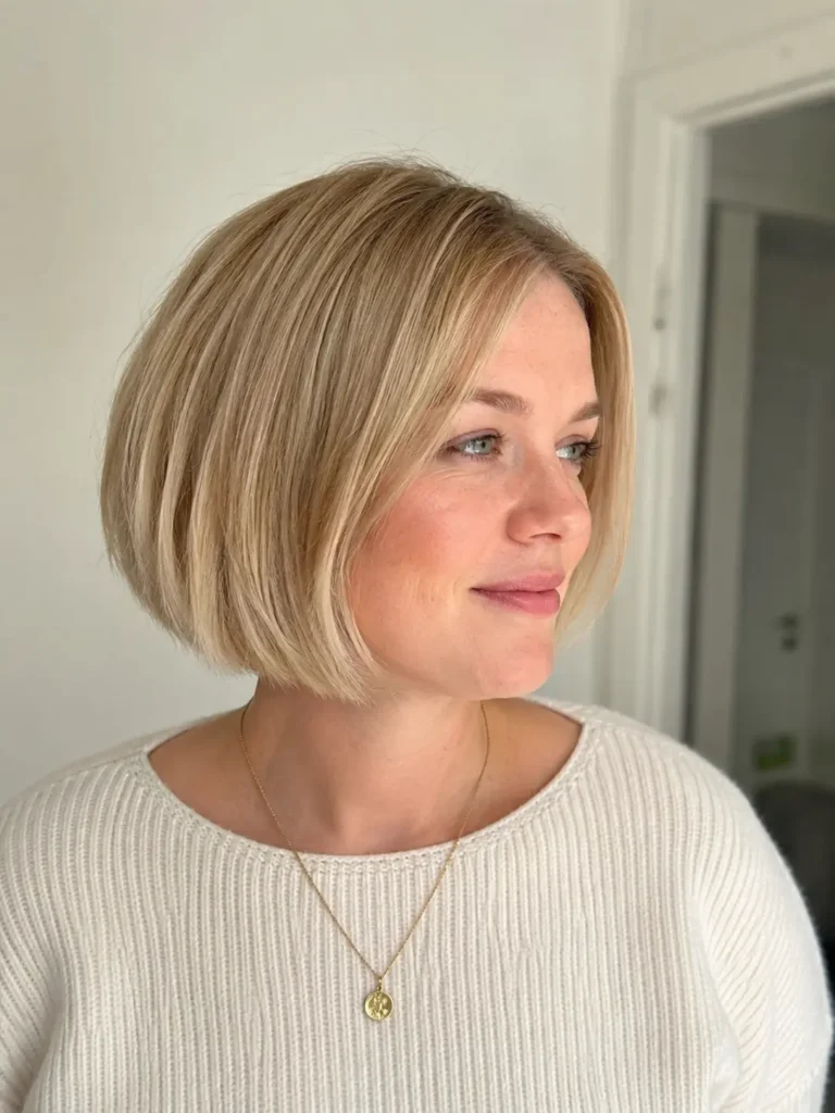 Woman wearing a cream knit sweater and styling a beige blonde ear-length bob haircut.