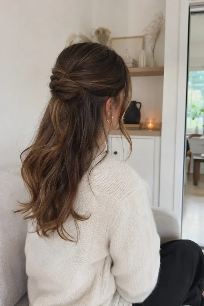Back view of a real woman with medium-length brunette hair styled in an easy rolled half-up hairstyle, featuring softly twisted sections secured at the back and loose flowing lengths. Natural hair texture and healthy shine are highlighted in soft indoor daylight