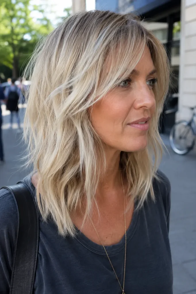 a English woman with an effortless choppy layered ash blonde haircut standing outdoors in bright daylight, showcasing soft movement, healthy shine, and textured layers in a realistic DSLR-style vertical portrait.