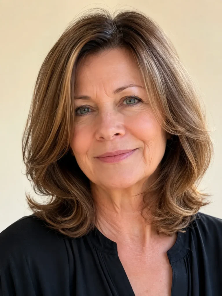 a real English woman aged around 55–64 with a shoulder-length hairstyle featuring soft flipped-out ends. Her glossy, healthy hair has natural movement and detailed texture, framing her face beautifully. She wears a modest black blouse