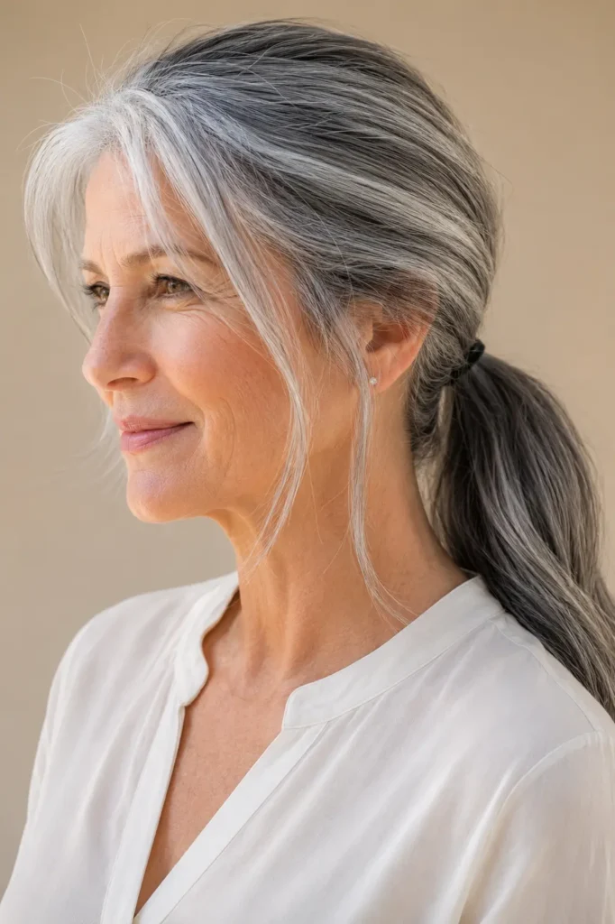an English woman aged around 60 with a sleek salt and pepper low ponytail featuring soft face-framing strands. Her naturally blended silver and charcoal hair appears glossy, healthy, and beautifully illuminated by bright natural daylight