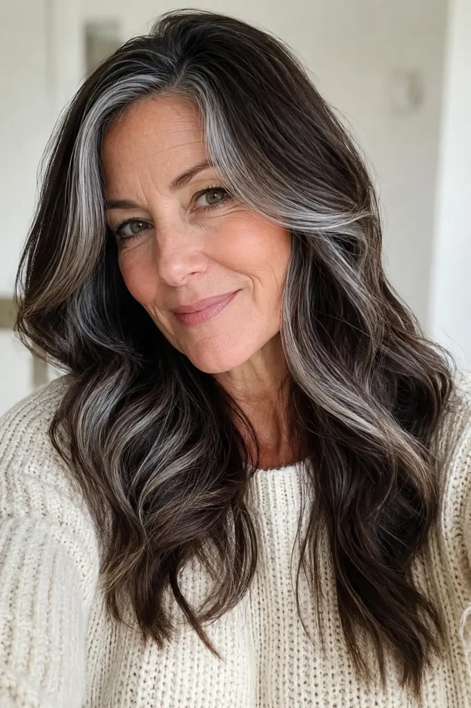 **Alt text:** Real English woman with long espresso brown hair featuring seamless silver balayage, styled in soft glossy waves, wearing an ivory knit sweater against a blurred neutral background.
