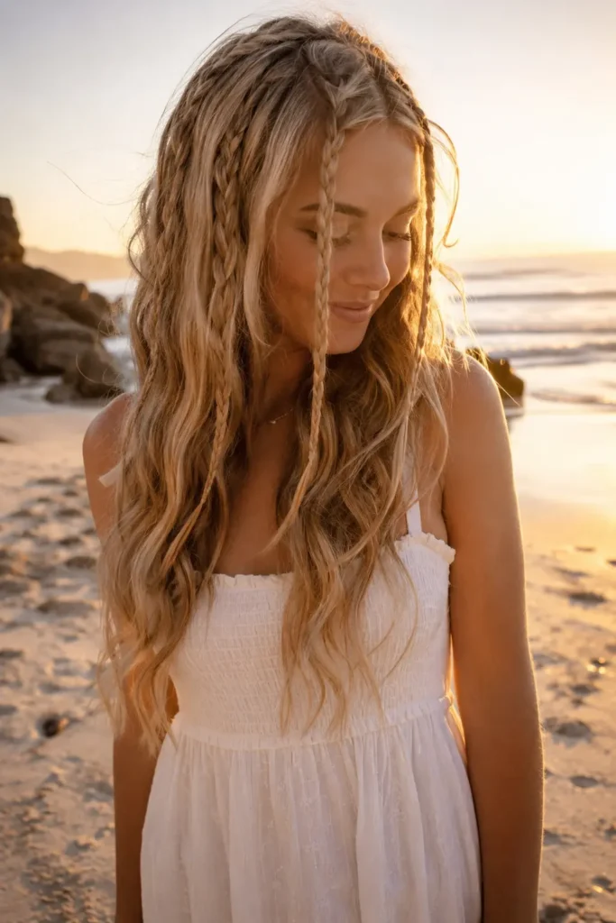 Young English woman with face-framing braids and long sandy blonde beach waves standing on a sunlit beach at golden hour. She wears a white summer sundress and looks down with a soft, natural expression. The detailed braided hairstyle and textured waves fill most of the vertical frame