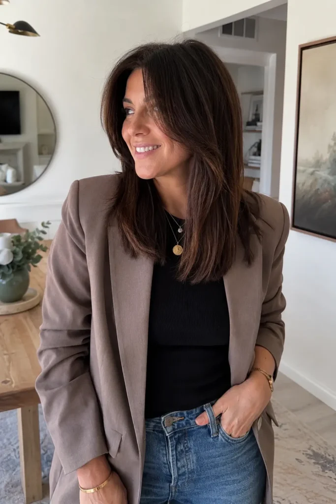 woman with medium-length straight brunette hair and soft face-framing layers, standing in a bright modern home interior. Her smooth, shiny hair falls just past the shoulders, showcasing natural texture and healthy movement. She wears a casual professional outfit with a blazer and jeans, smiling naturally in soft indoor daylight.
