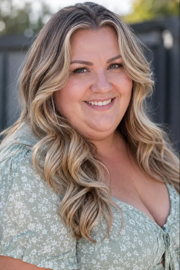 English plus-size woman with a medium-length face-framing wavy hairstyle in soft honey blonde, smiling outdoors in bright natural daylight
