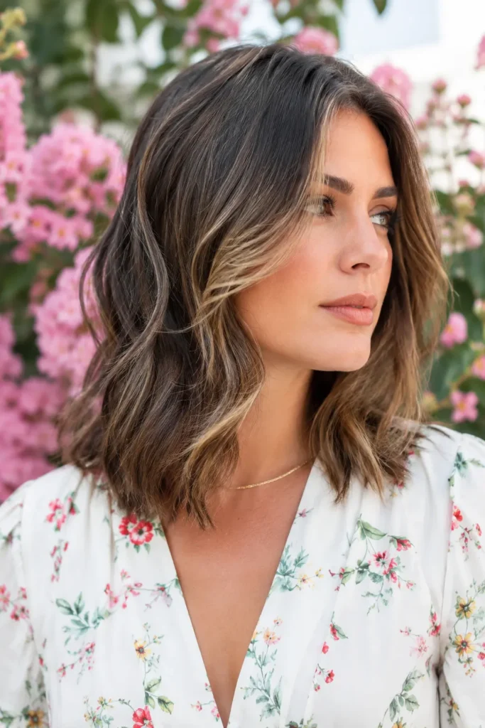 Young woman with a shoulder-length wavy hairstyle featuring soft face-framing layers and natural movement, photographed in a blooming floral garden
